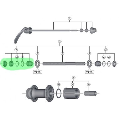 Cone, washer and nut for Shimano FH-RM66 hub (left)