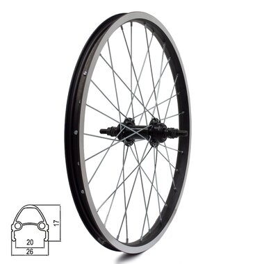 Rear wheel 20" // 28H, V-brake // screw-on freewheel, aluminum, not riveted, nuts